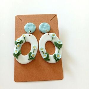 Floral Oval Earrings in White and Blue